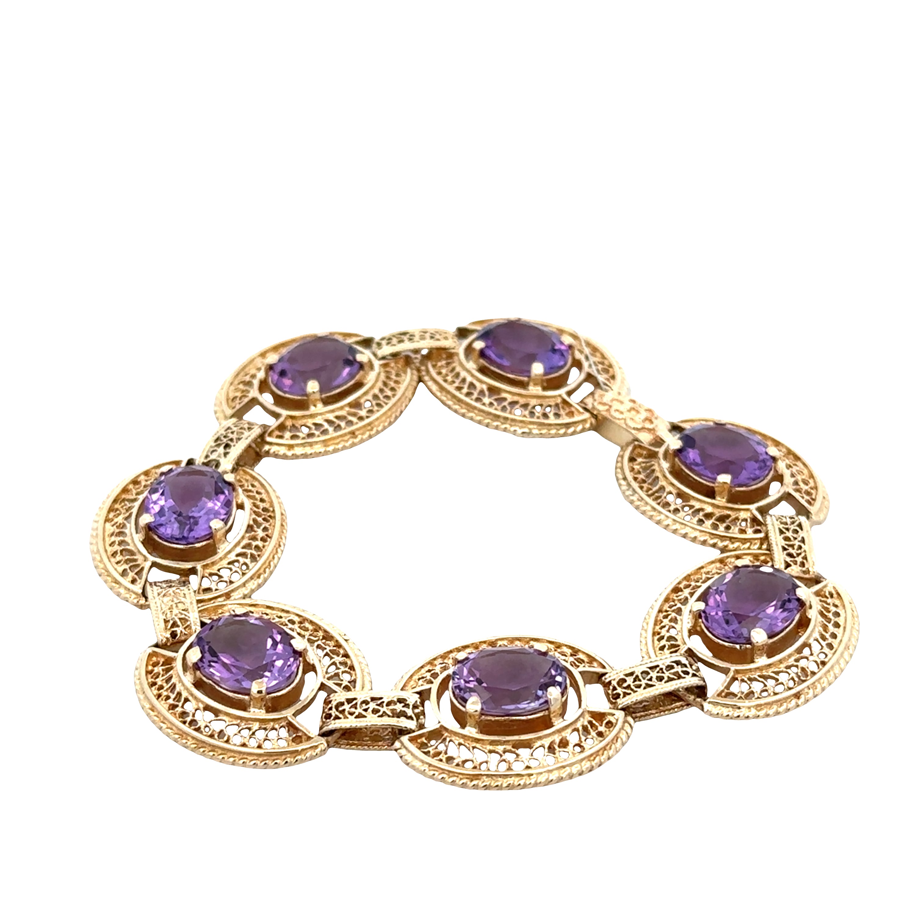 14k Yellow Gold Amethyst Openwork Statement Bracelet – 7" Long