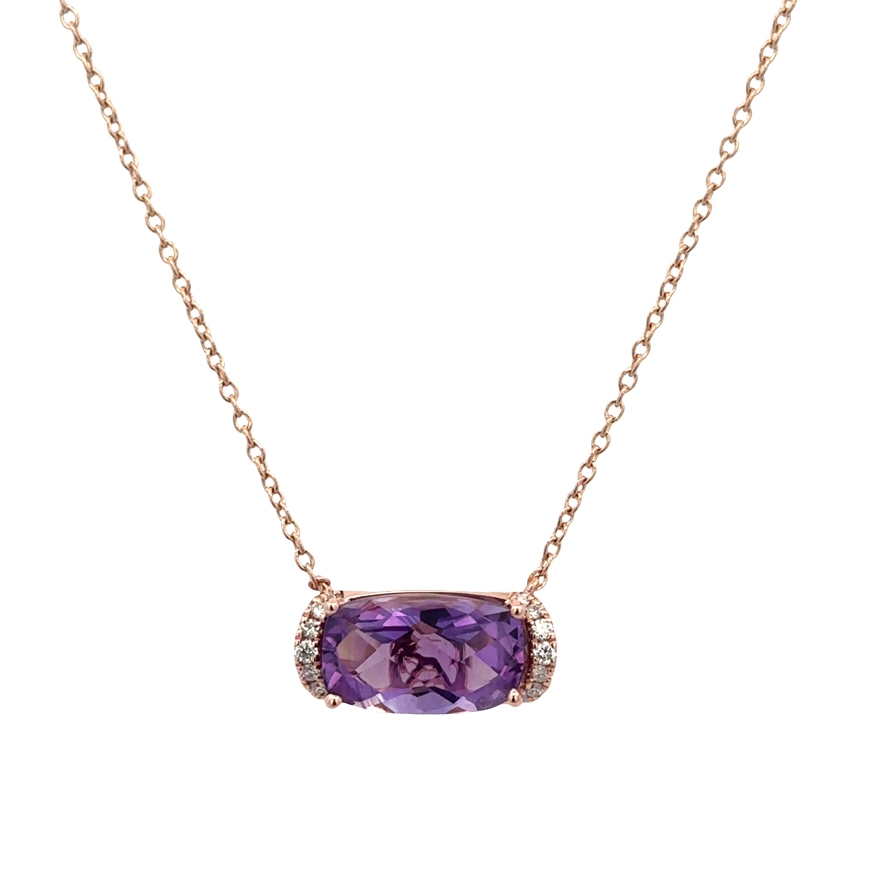 14k Rose Gold East-West Amethyst & Diamond Necklace – Adjustable 16"–18"