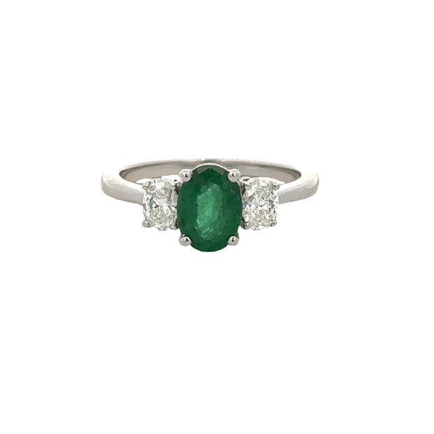 Oval Cut Emerald and Diamond Three Stone Ring