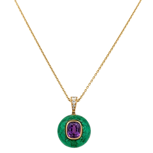 Unique Vintage Purple Sapphire and Green Enamel Pendant in 18k Yellow Gold