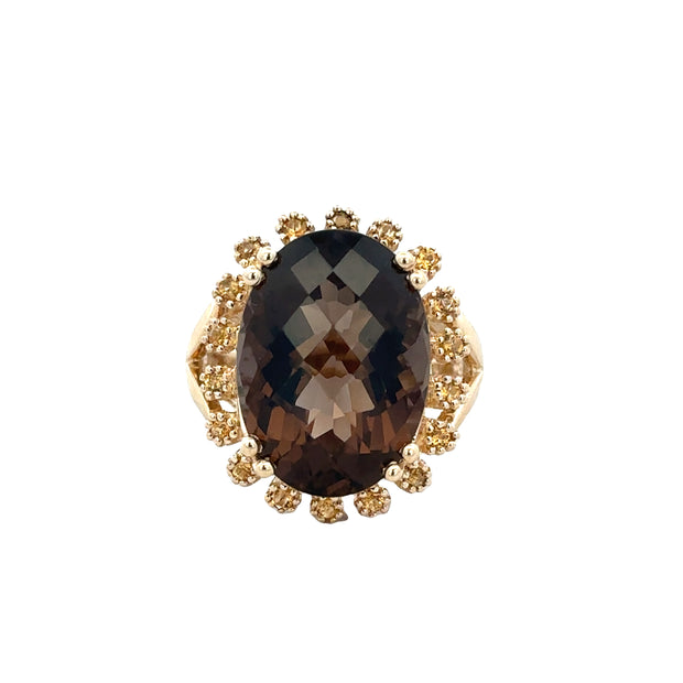 Statement Smoky Quartz and Citrine Ring in Yellow Gold