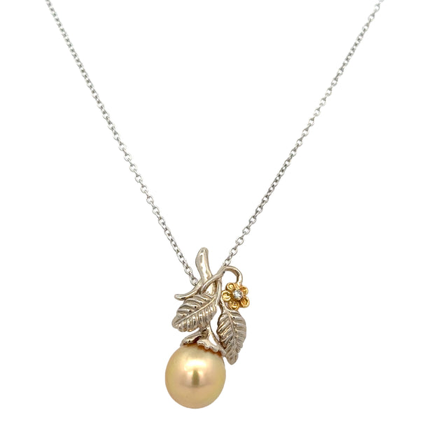 Foliate Style Golden Pearl and Diamond Pendant in Two Tone Gold