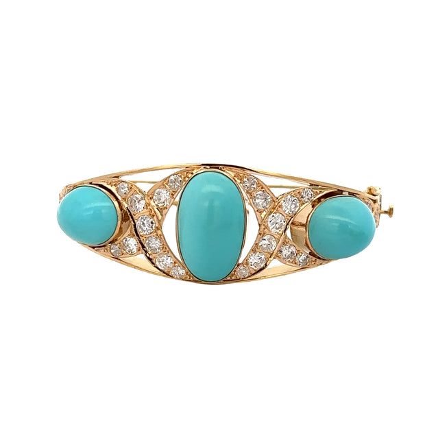 Estate Turquoise and Diamond Bangle Bracelet in 18k Yellow Gold
