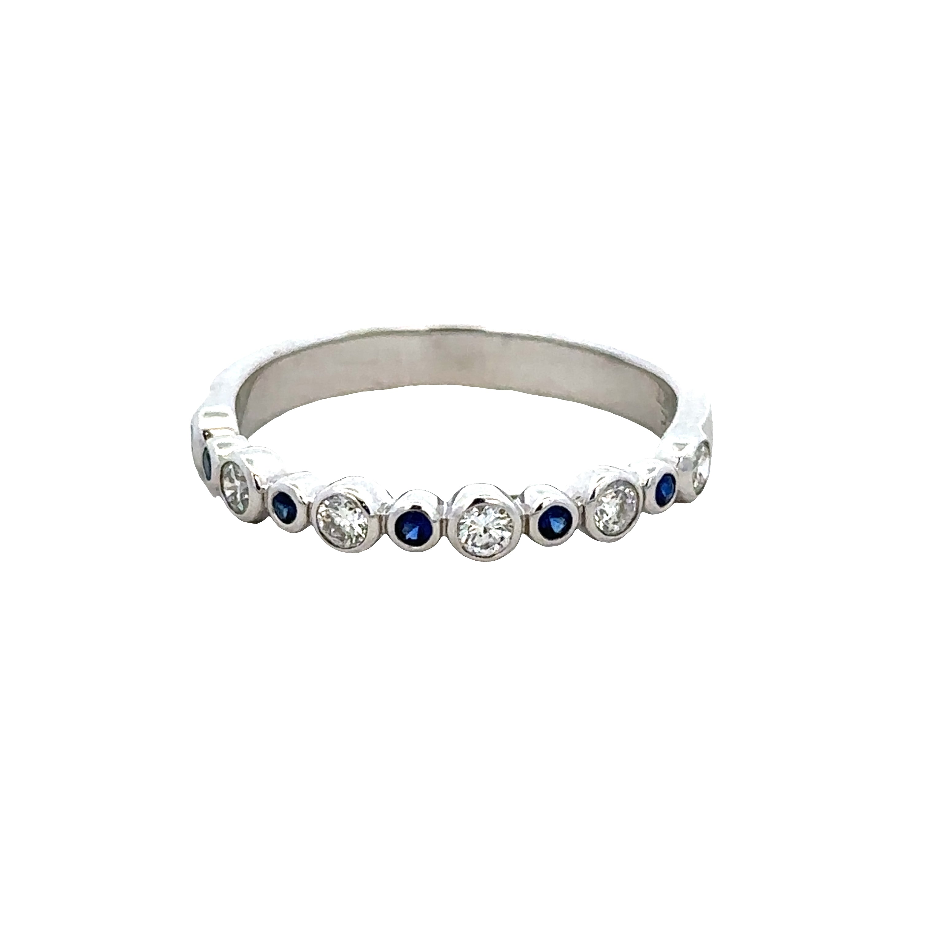 14k White Gold Sapphire & Diamond Alternating Bezel Band – Size 6.5