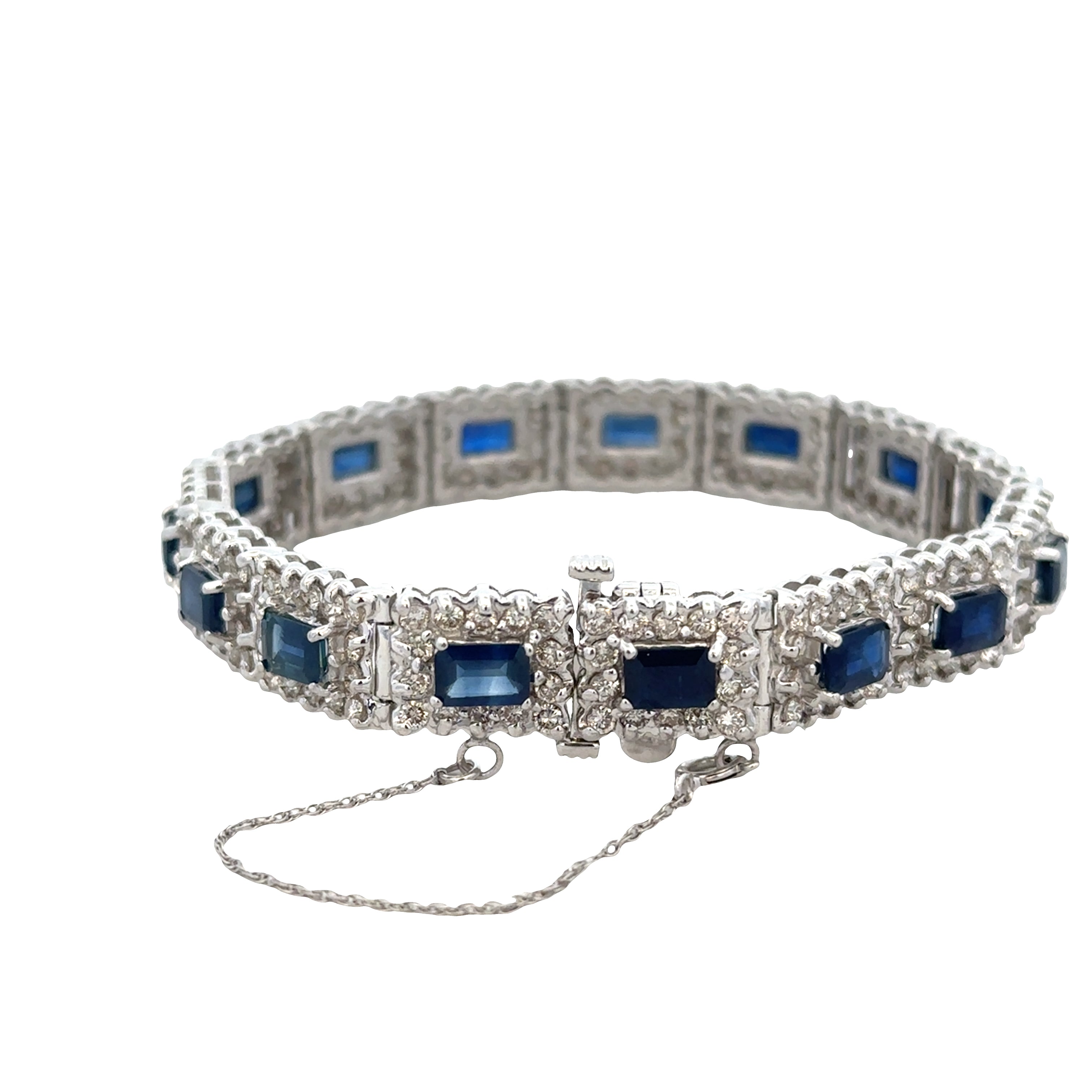 14k White Gold Sapphire & Diamond Halo Bracelet – 7" Long