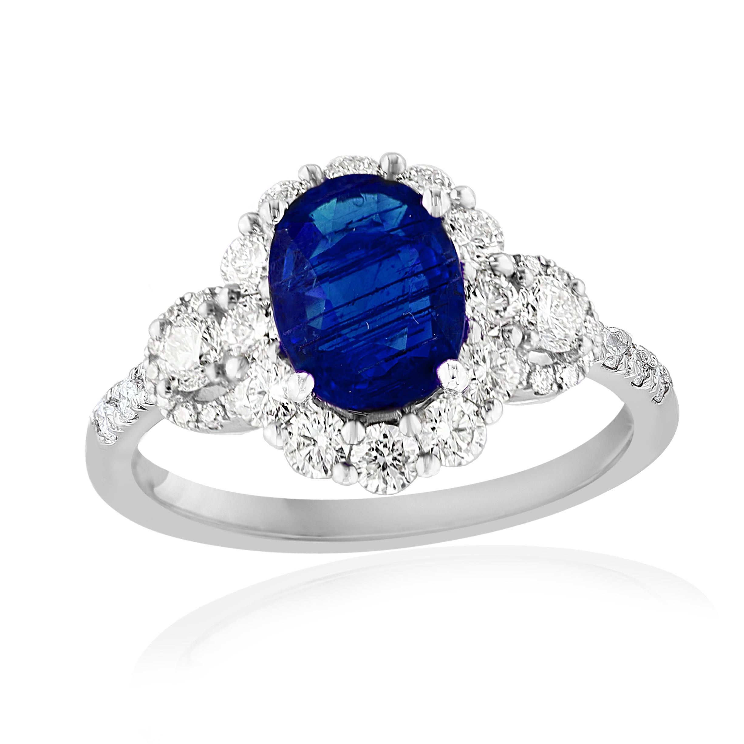 18k White Gold Oval Blue Sapphire & Diamond Halo Ring – 1.09 CT Sapphire, 0.79 CTW Diamonds, Size 6.5