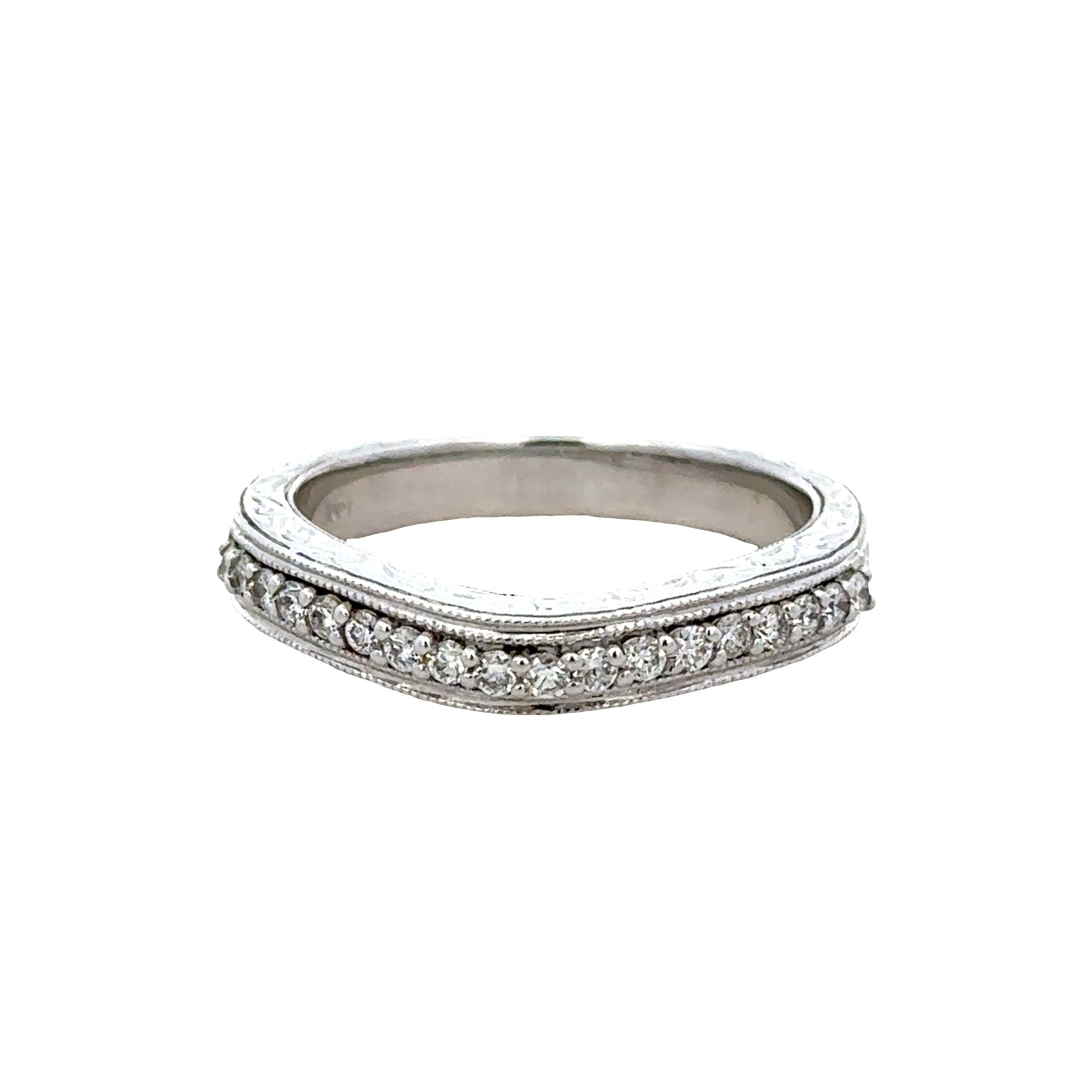 14k White Gold Diamond Contoured Wedding Band with Milgrain Detail