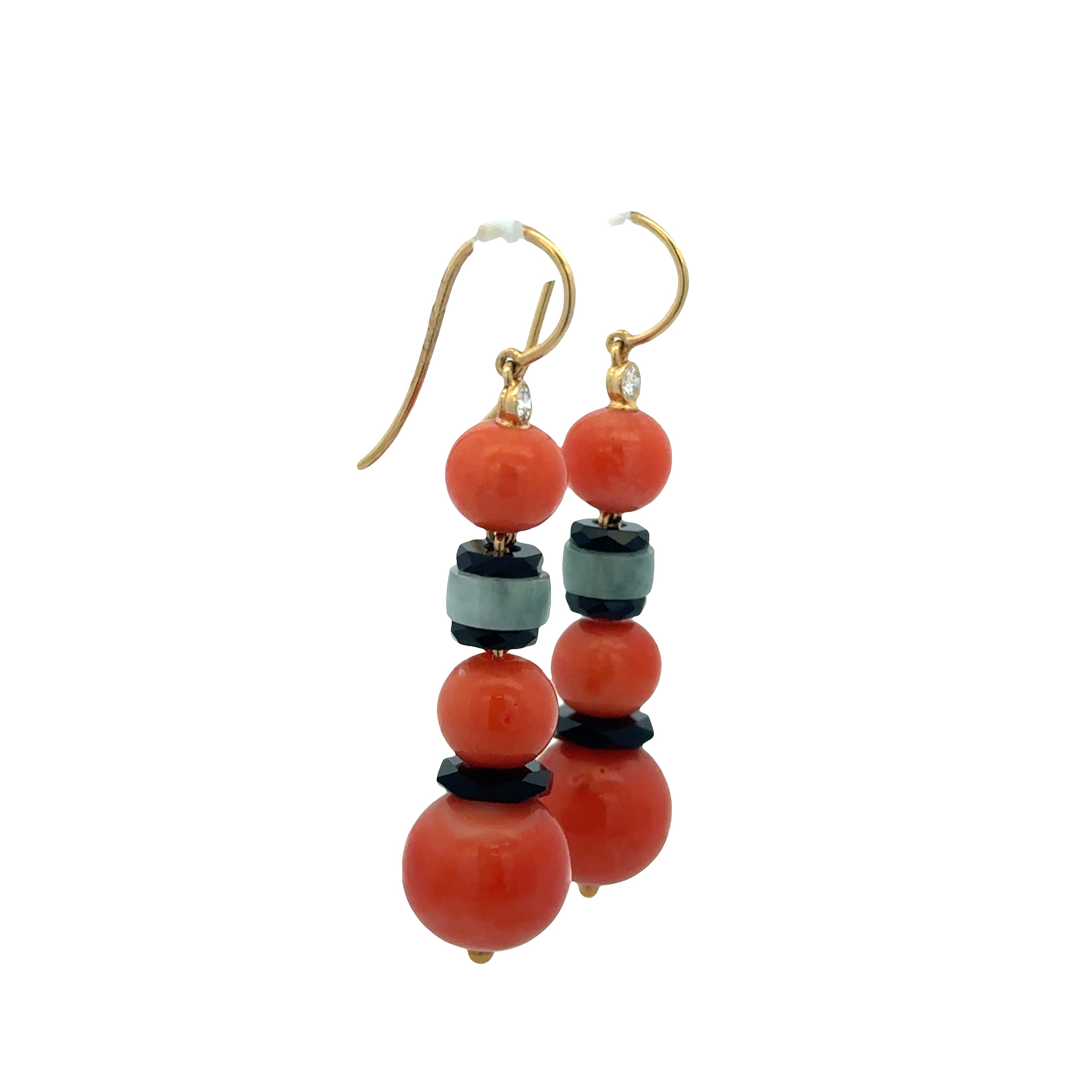 Unique 18k Yellow Gold Coral, Onyx, and Jade Earrings with Diamond Accents – 1-7/8"