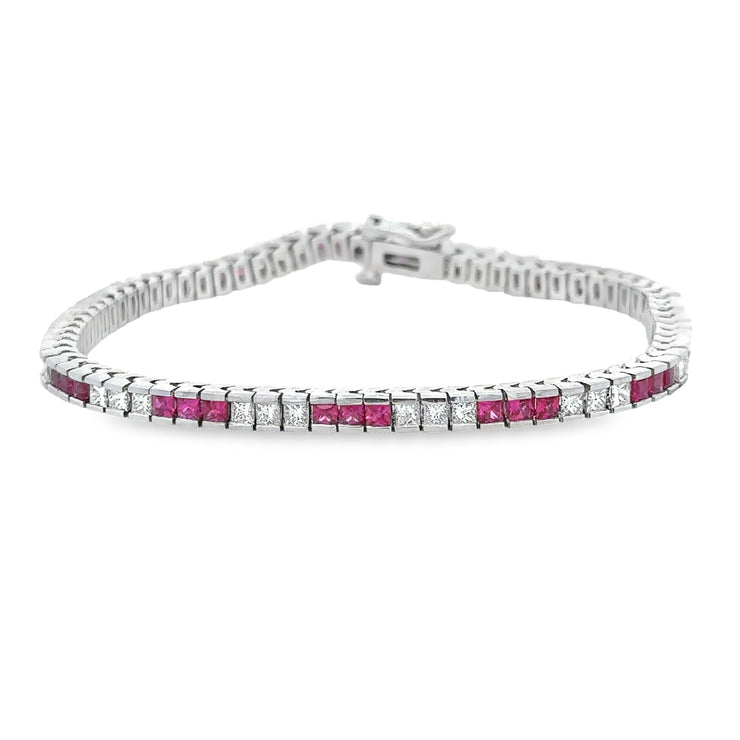 Ruby and Princess Cut Diamond Bracelet in White Gold