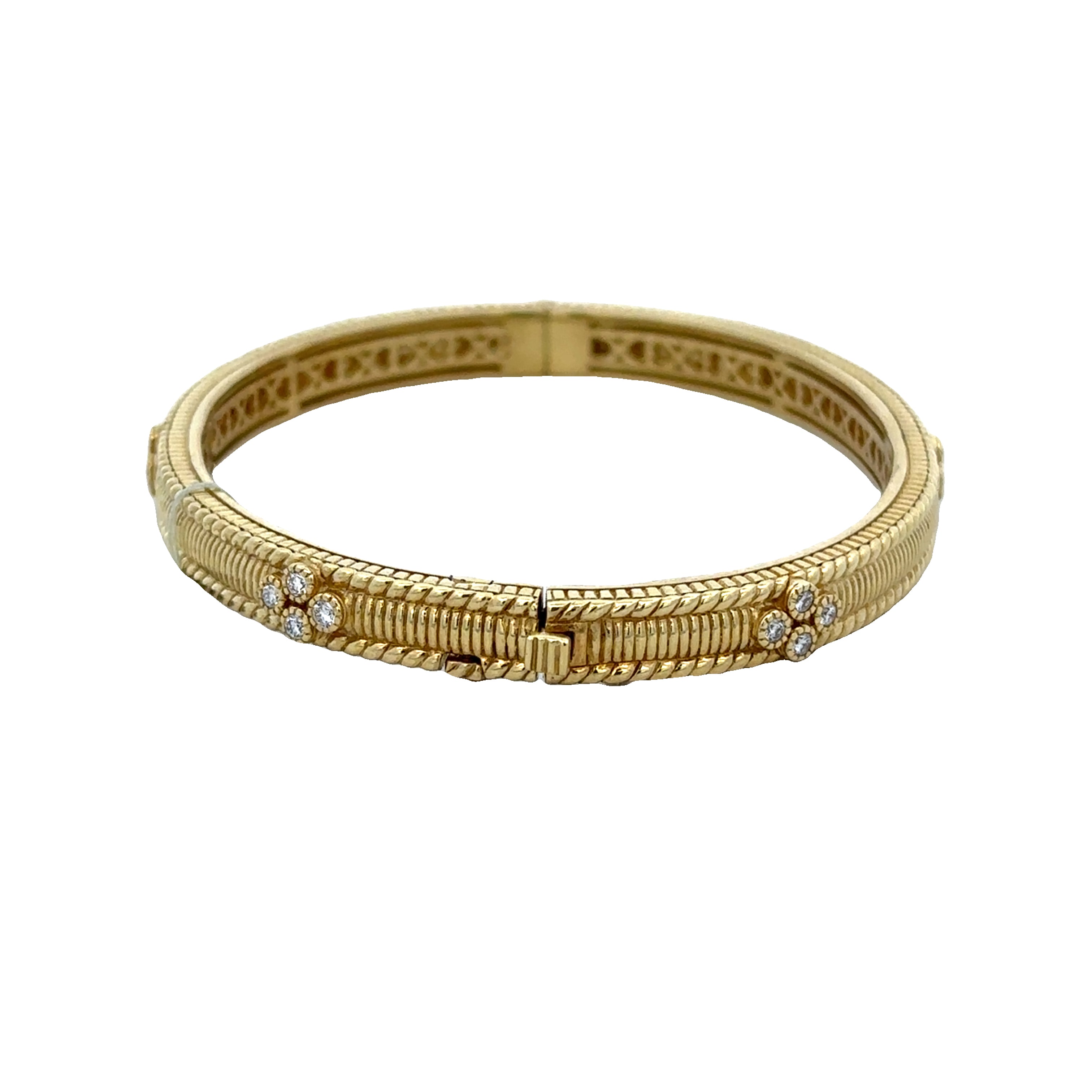 Estate Judith Ripka Diamond Accented Textured Bangle in 18k Yellow Gold