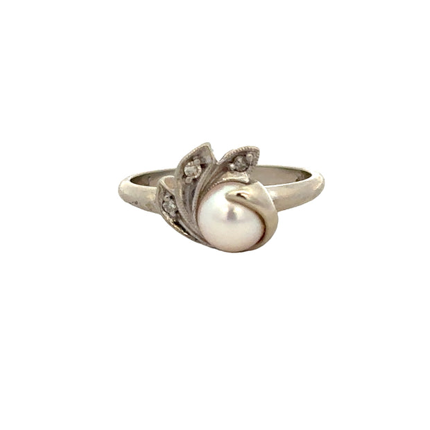 Vintage Pearl and Diamond Swirl Ring in White Gold