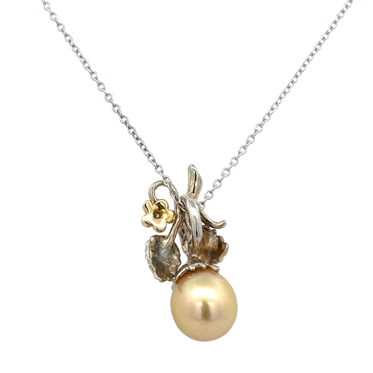 Foliate Style Golden Pearl and Diamond Pendant in Two Tone Gold