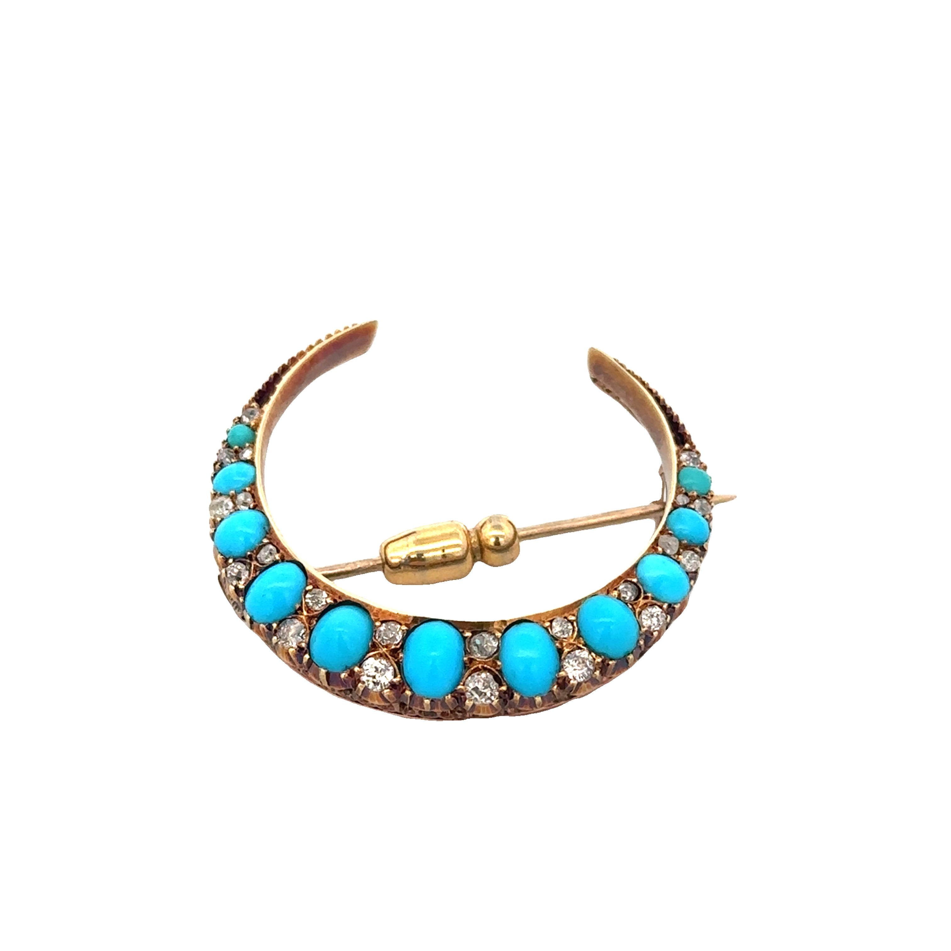 Antique Victorian Turquoise and Old Mine Cut Diamond Crescent Brooch in Yellow Gold