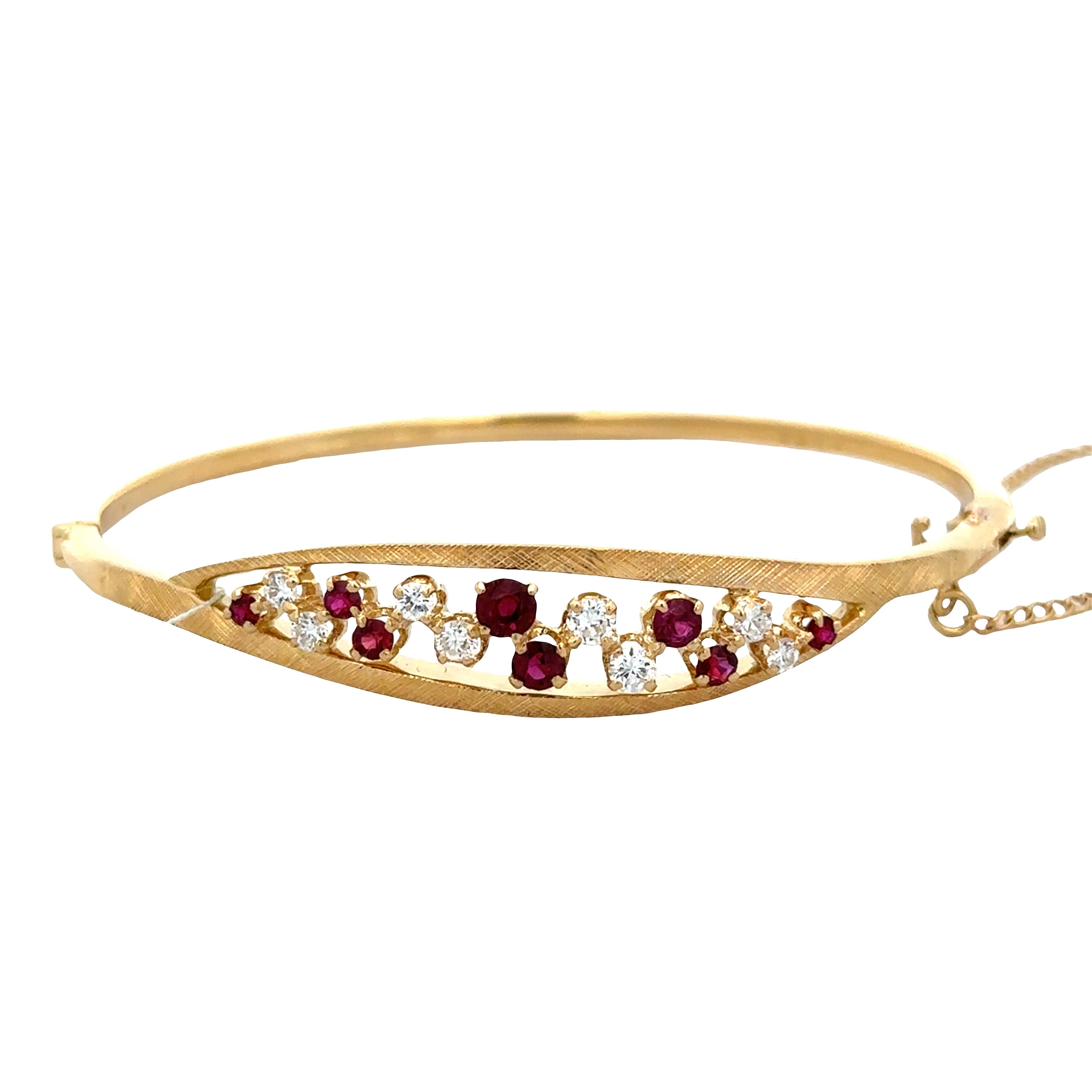 Vintage 18k Yellow Gold Ruby & Diamond Openwork Bangle Bracelet – Circa 1976