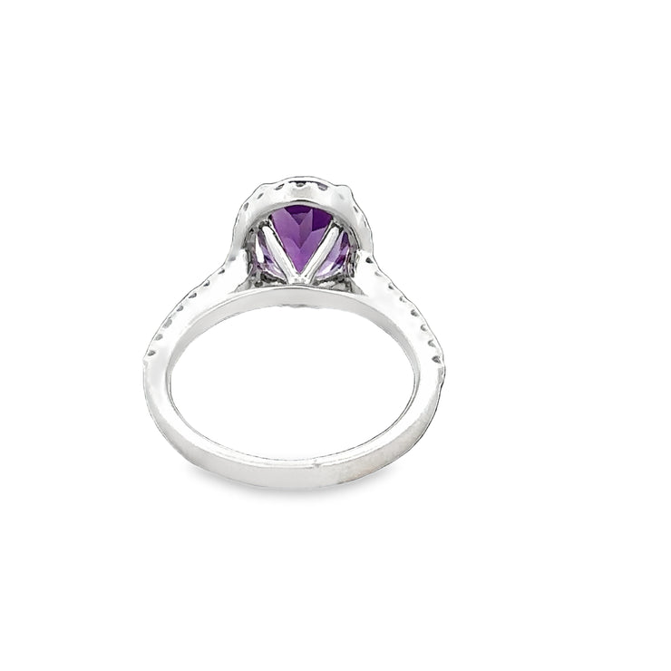 Amethyst and Diamond Halo Ring in White Gold