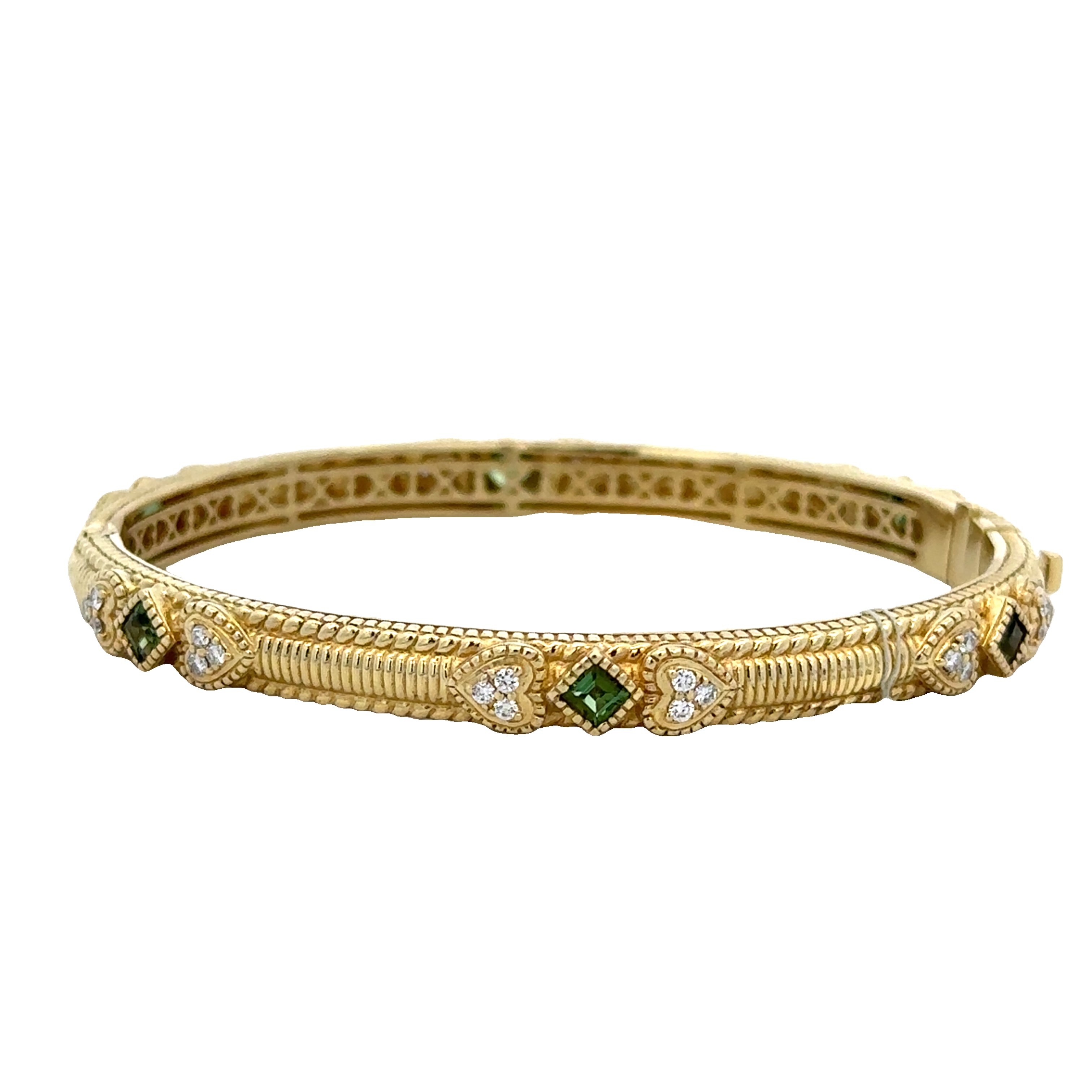 Estate Judith Ripka Green Tourmaline and Diamond Bangle Bracelet in 18k Yellow Gold