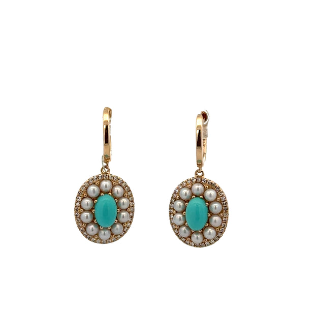 Turquoise, Pearl, and Diamond Earrings in Yellow Gold