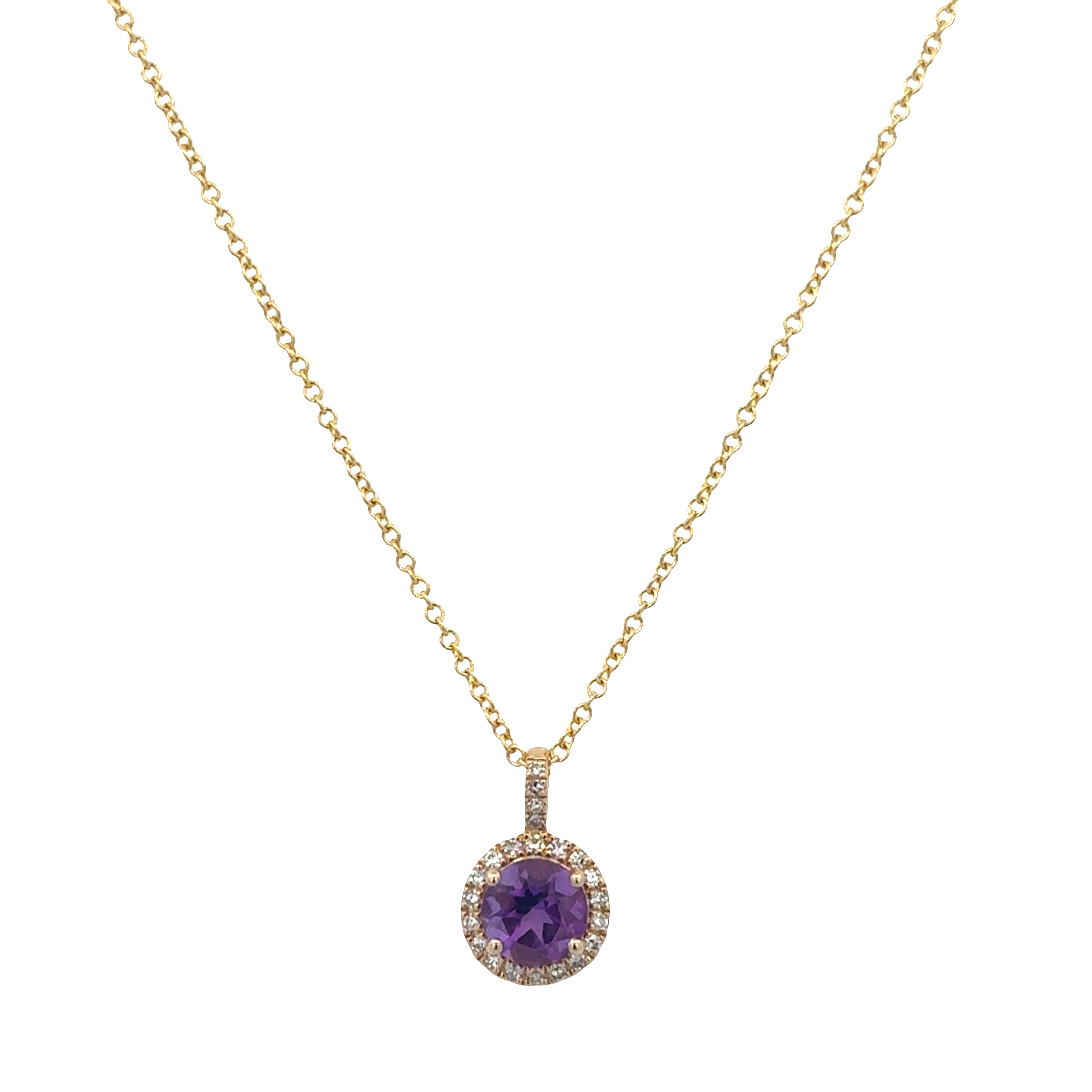 14k Yellow Gold Amethyst & Diamond Halo Pendant Necklace