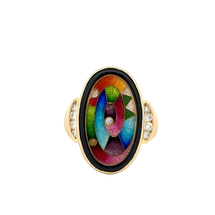 Vintage Designer Enameled Cloisonne Diamond Ring in 18k Gold