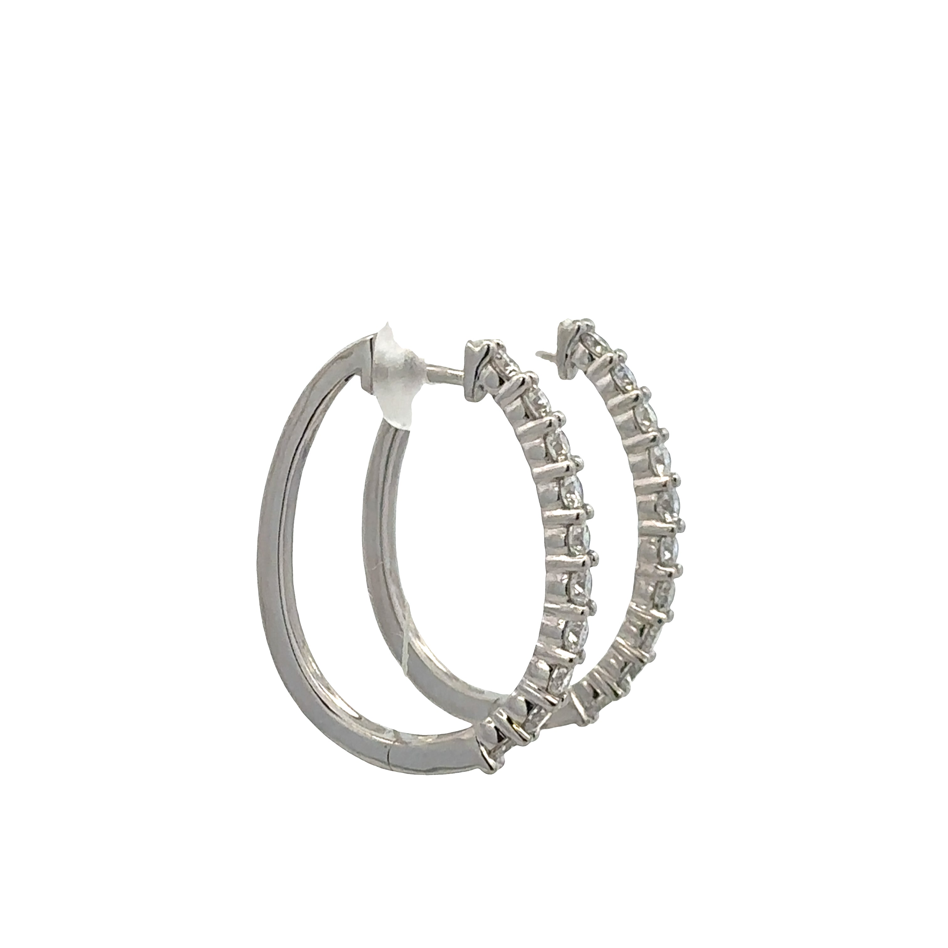 14k White Gold Diamond Elongated Hoop Earrings – 1" Tall