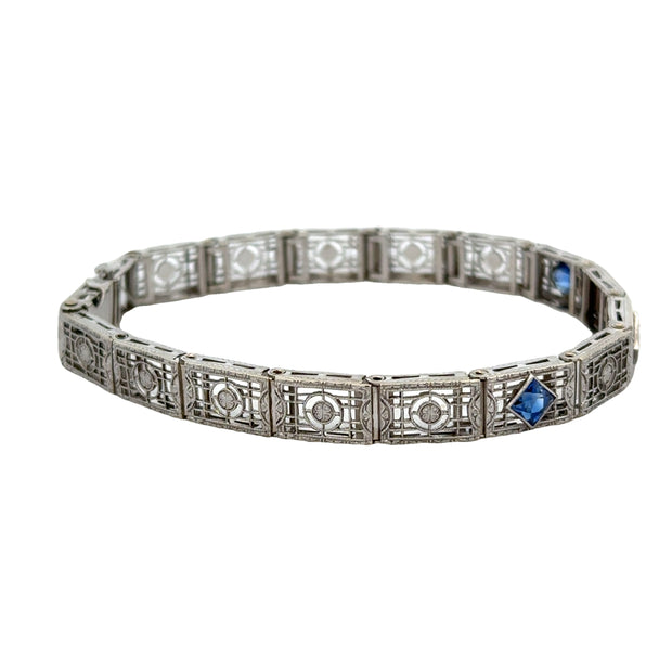 Vintage Art Deco White Gold Synthetic Sapphire and Diamond Bracelet in White Gold