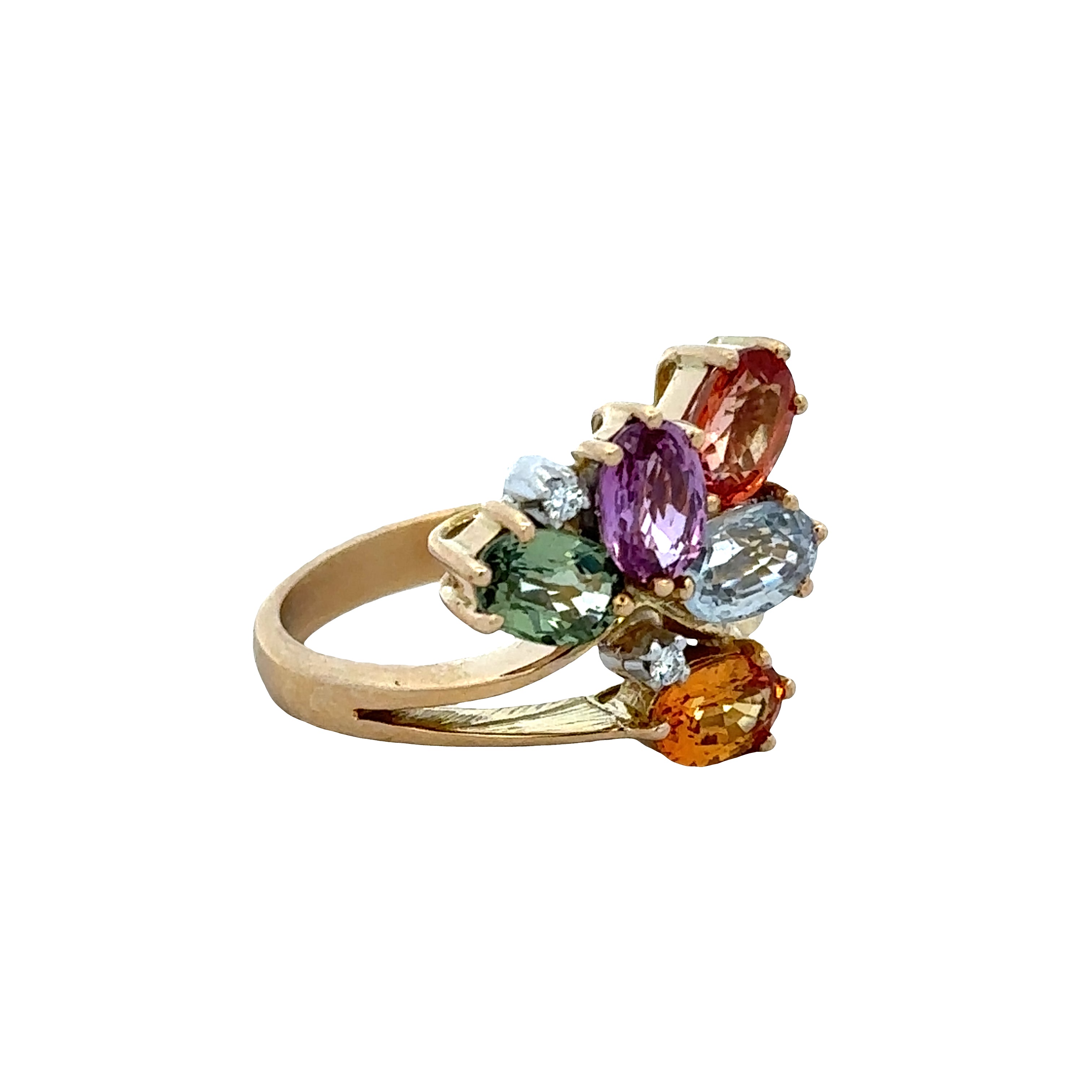 18k Yellow Gold Multicolor Sapphire & Diamond Floral Ring – Size 6