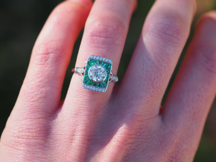 Art Deco Inspired 1.01 ct. H-VS2 Old European Cut Diamond and Emerald Ring in 18k White Gold