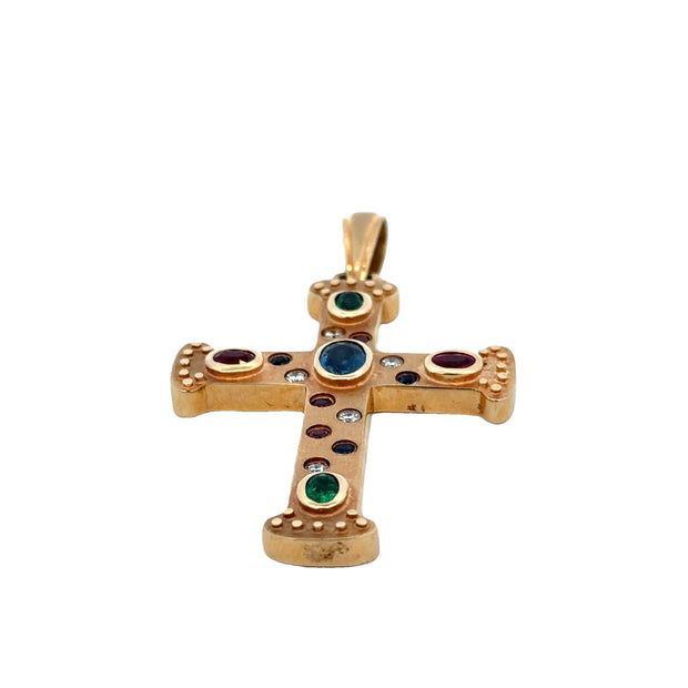 Large Brushed Ruby, Emerald, Diamond, and Sapphire Cross in Yellow Gold