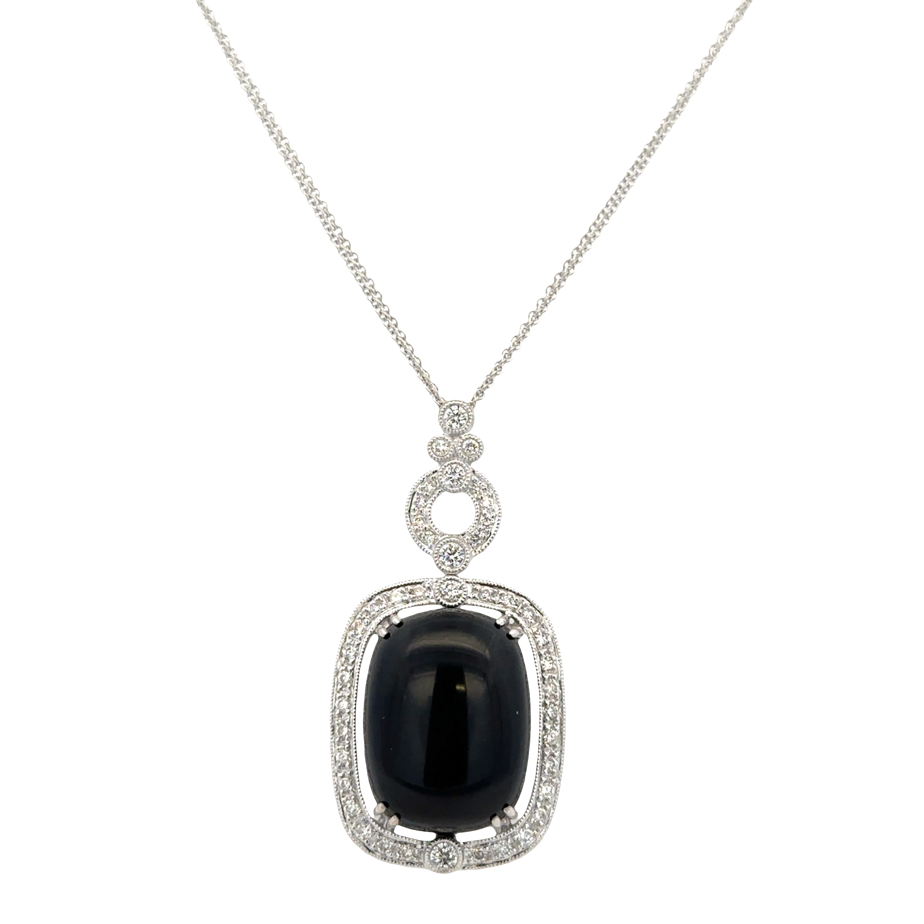 Vintage-Inspired 18k White Gold Black Onyx & Diamond Pendant Necklace