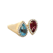 Aquamarine and Pink Tourmaline Bypass Ring in Yellow Gold