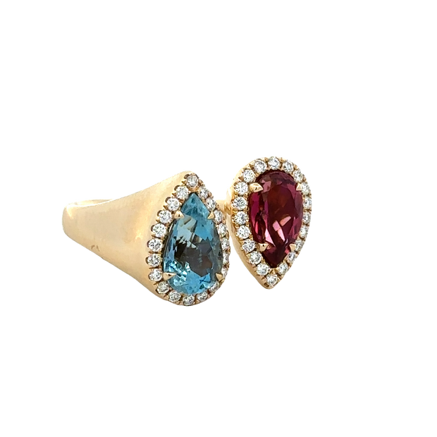 Aquamarine and Pink Tourmaline Bypass Ring in Yellow Gold