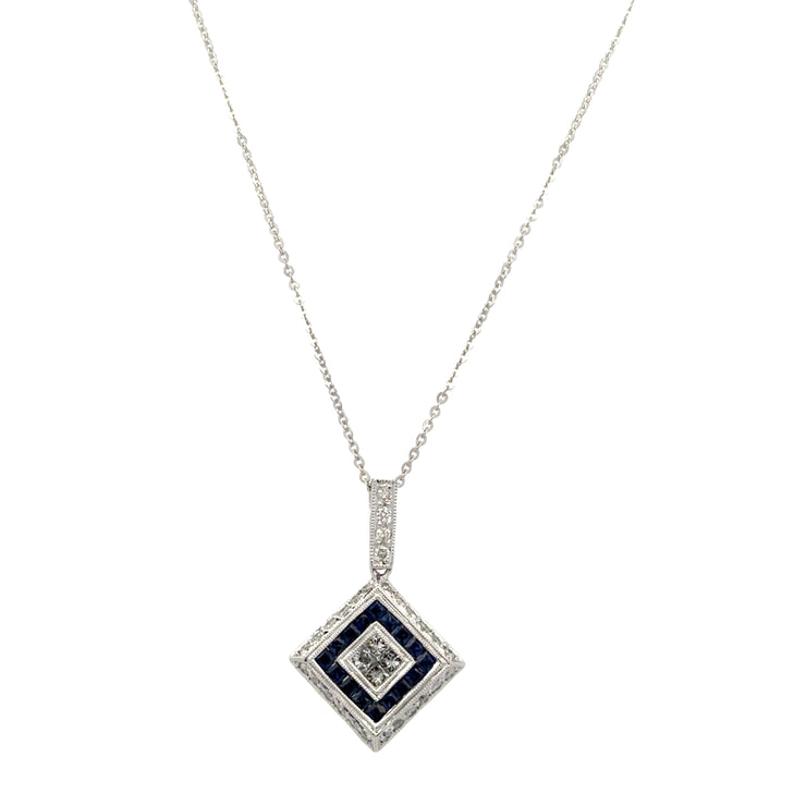 Kite Shaped Sapphire and Diamond Pendant in 18k White Gold