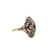 Vintage Art Deco Shield Style Ring with Rose Cut Diamonds and Synthetic Rubies