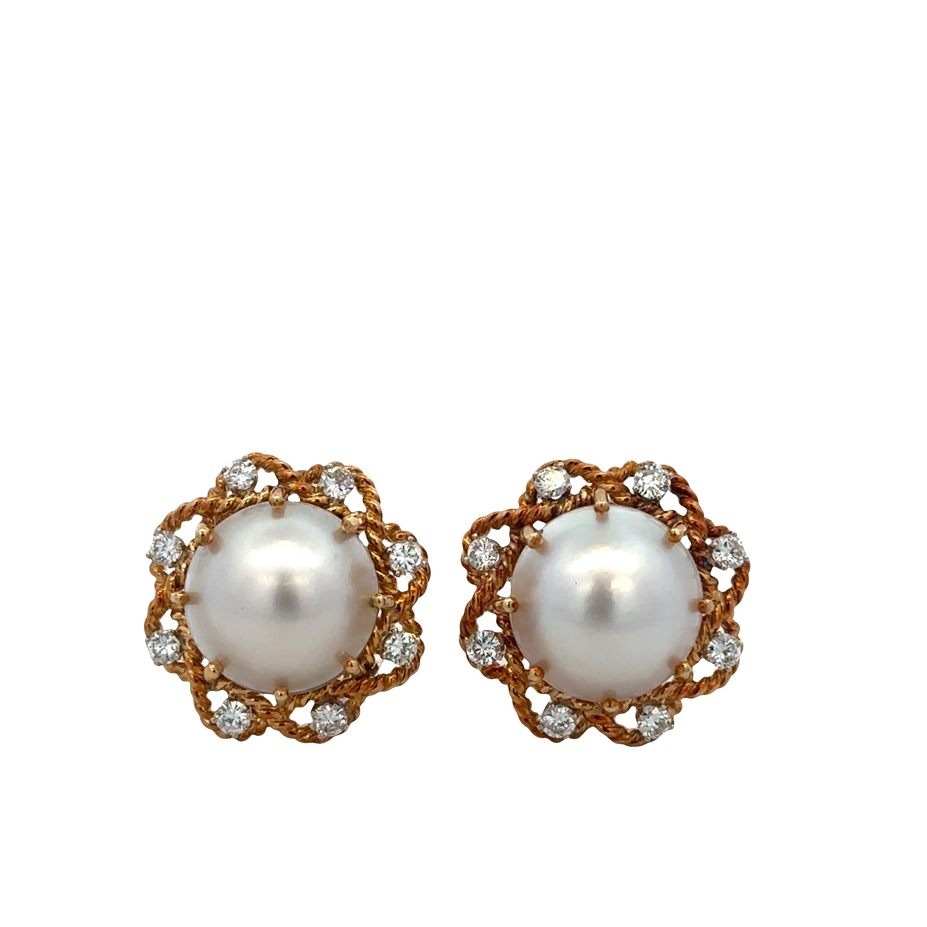 Statement 18K Yellow Gold Mabe Pearl & Diamond Earrings – Rope Frame, 1.28 CTW Diamonds