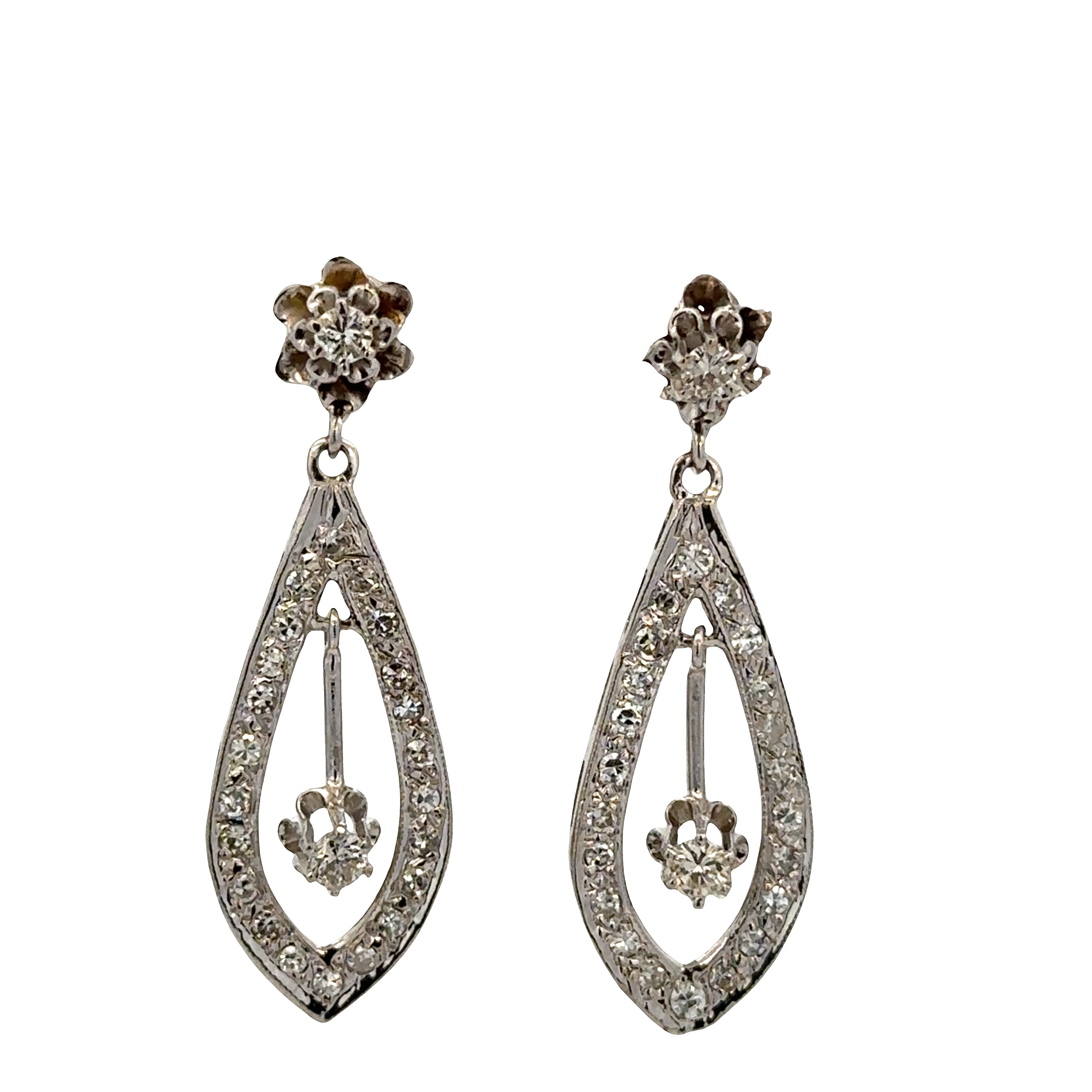 14k White Gold Teardrop Earrings with Dangling Diamond Centers – 0.74 CTW