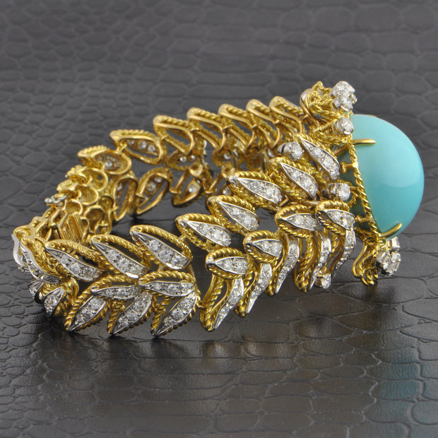 Magnificent Vintage Turquoise and Diamond Bracelet in18k Yellow Gold
