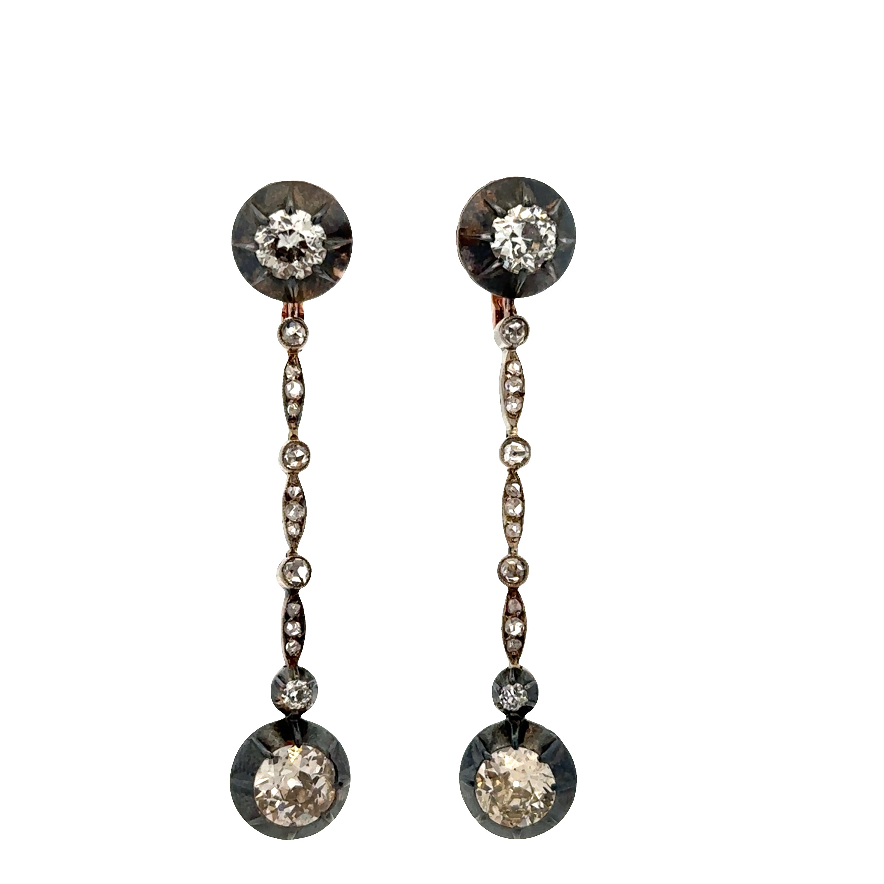 Antique Victorian Silver and Rose Gold Diamond Drop Earrings