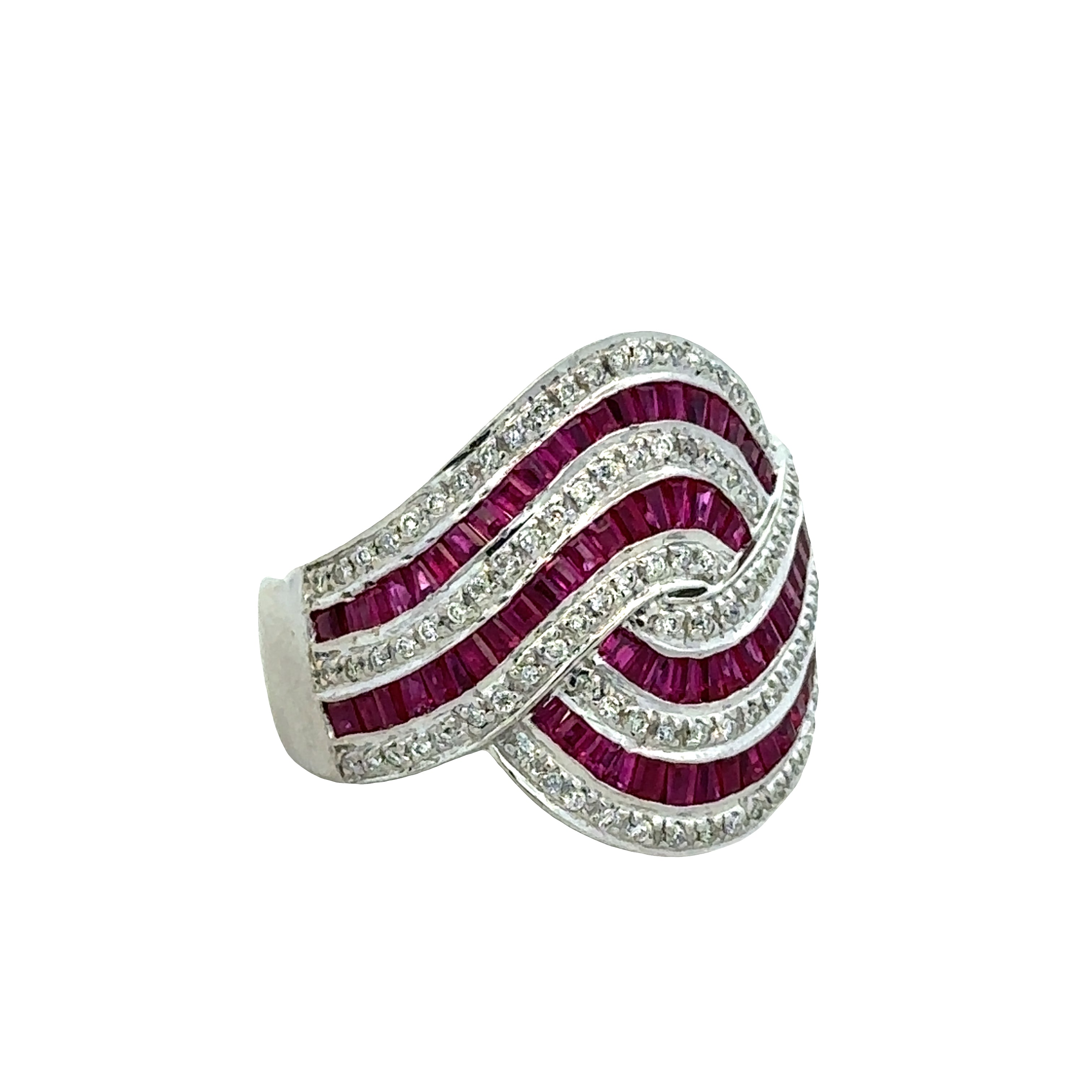 14k White Gold Ruby & Diamond Swirl Statement Band – 3.01 CTW– Size 7