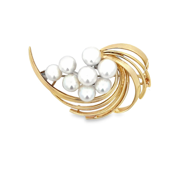 Vintage 1950s-60s Mikimoto Akoya Cultured Pearl Brooch in Yellow Gold