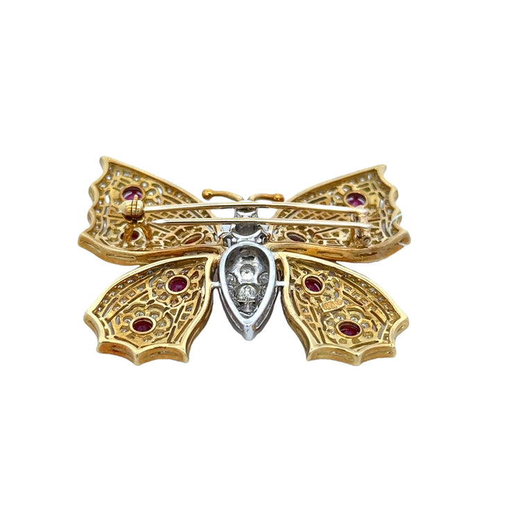 Ruby and Diamond Butterfly Brooch in 18k Yellow Gold and Platinum