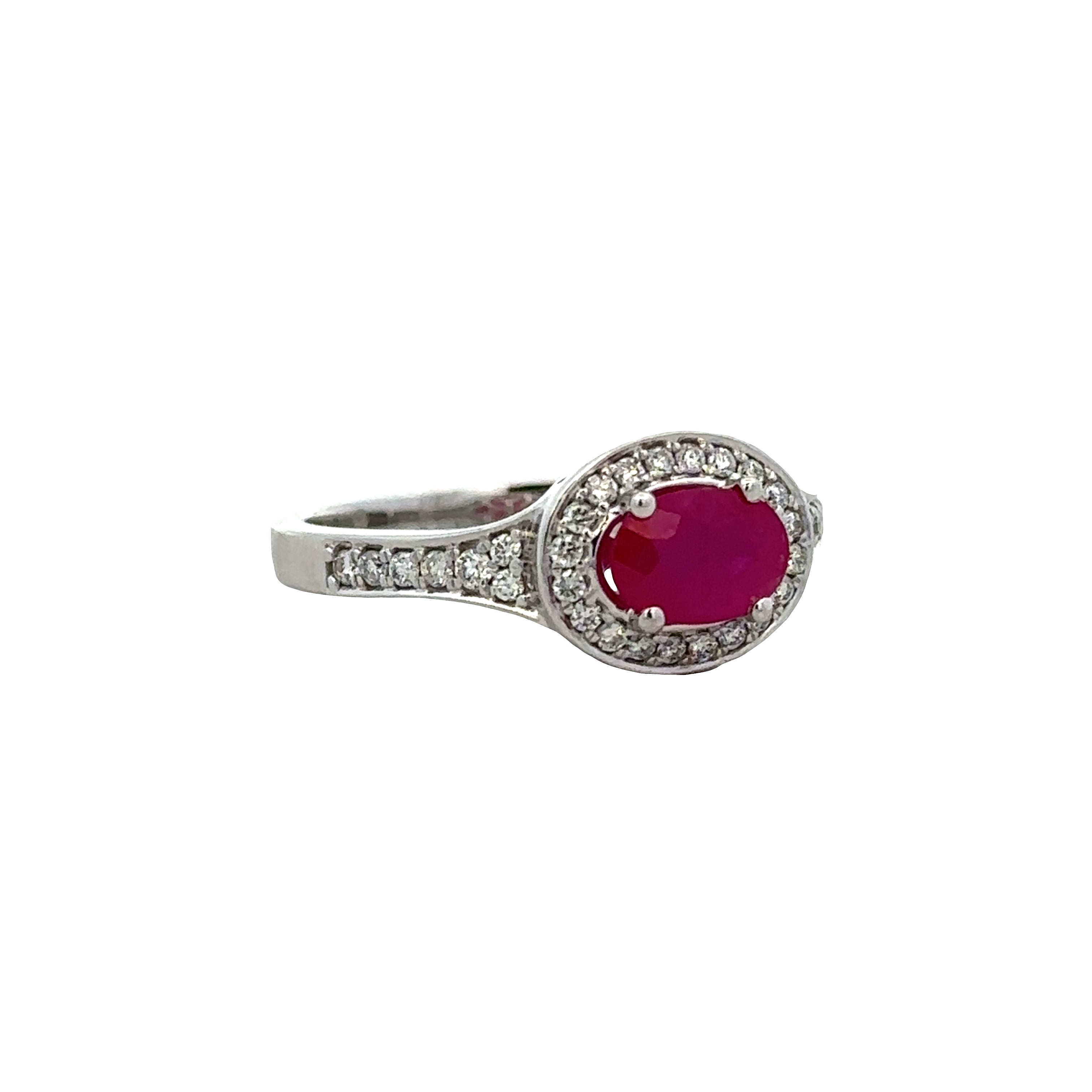 14k White Gold Ruby & Diamond Halo Ring – Size 7