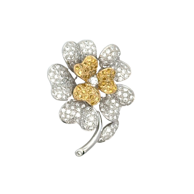 Yellow and White Diamond Floor Brooch in 18k White Gold