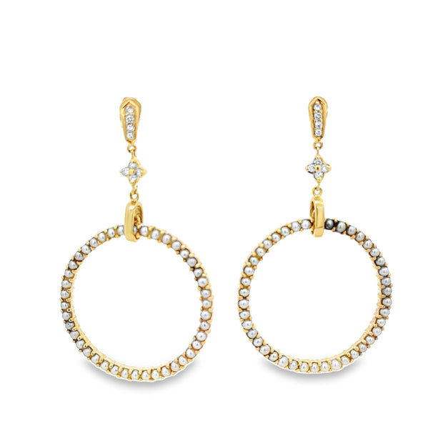 Designer Seed Pearl and Diamond Quatrefoil Earrings in 18k Yellow Gold
