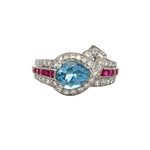 Vintage Art Deco 1.12 ct. Aquamarine, Ruby, and Diamond Ring in Platinum