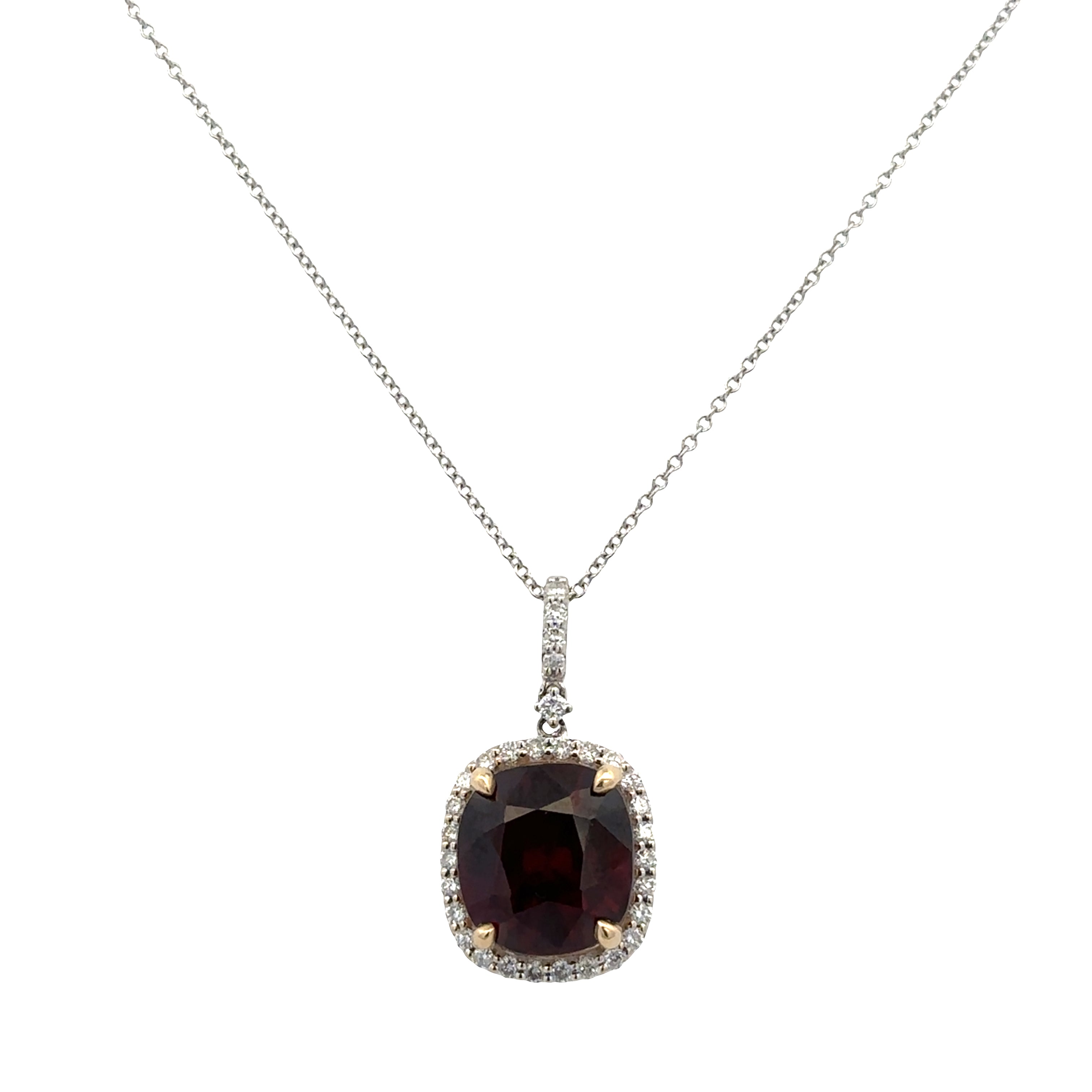14k White Gold Garnet and Diamond Halo Pendant Necklace