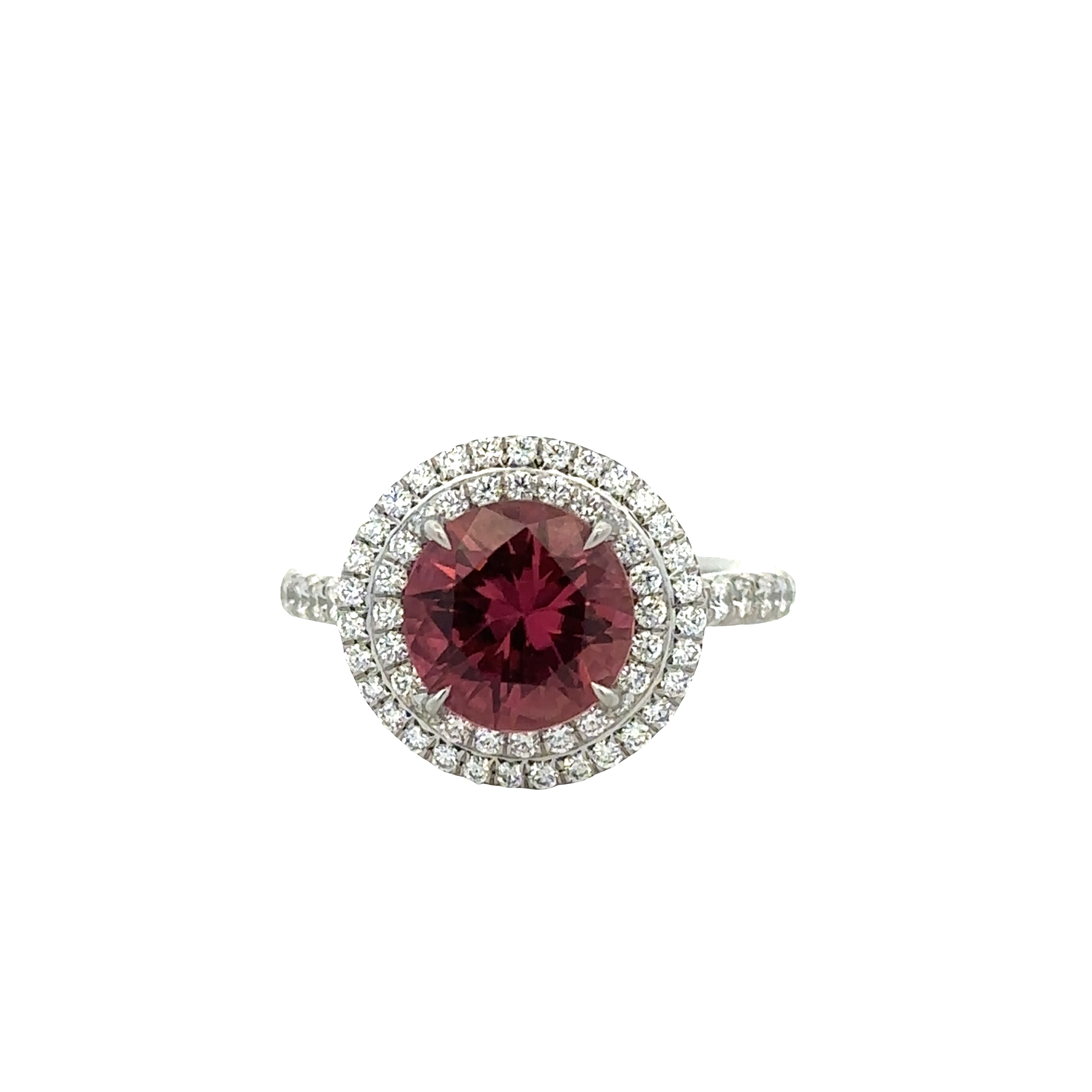 Estate Platinum Tiffany & Co. Soleste Ring with 2.0 Ct. Pink Tourmaline and Diamond Double Halo