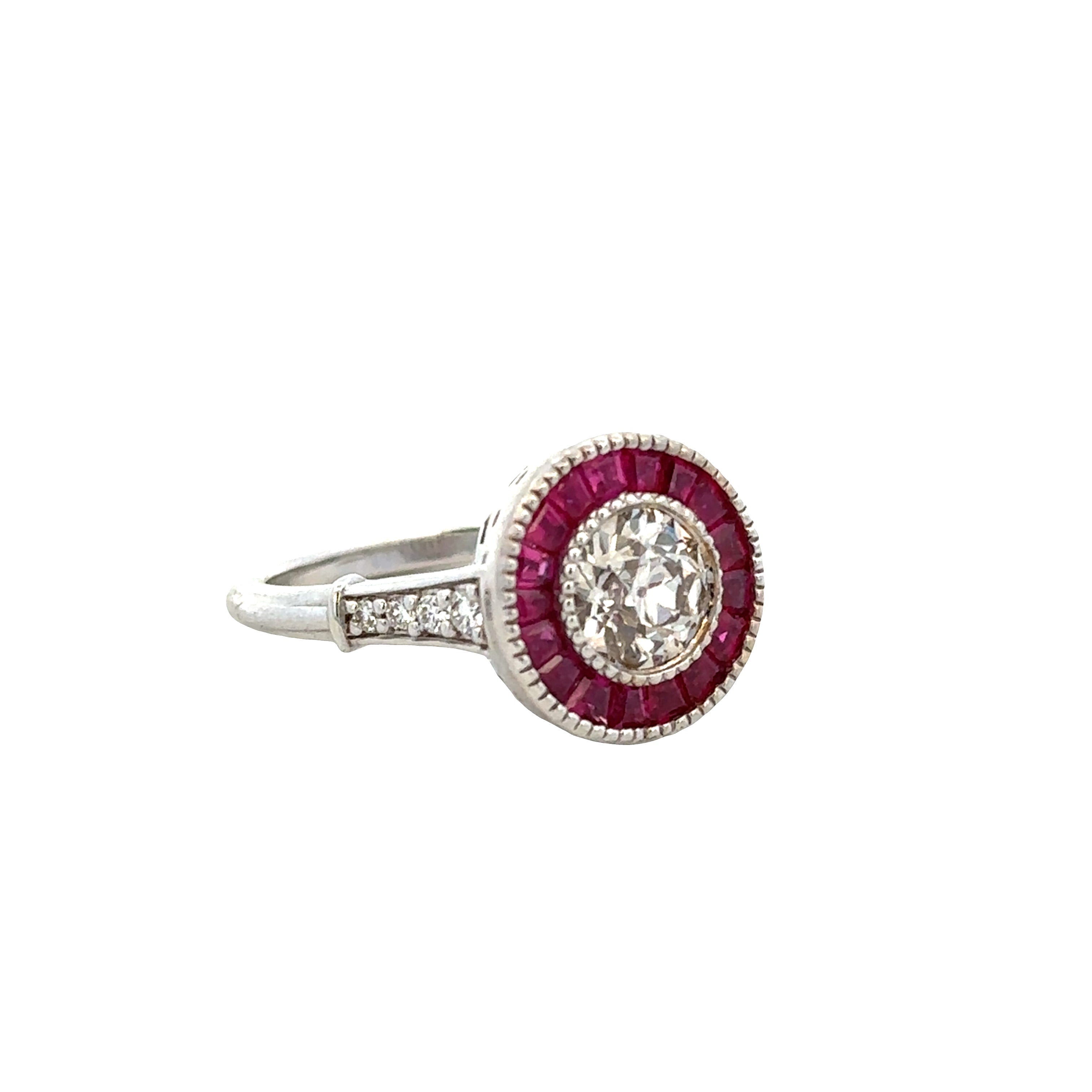 18k White Gold Old European Cut Diamond and Ruby Halo Ring