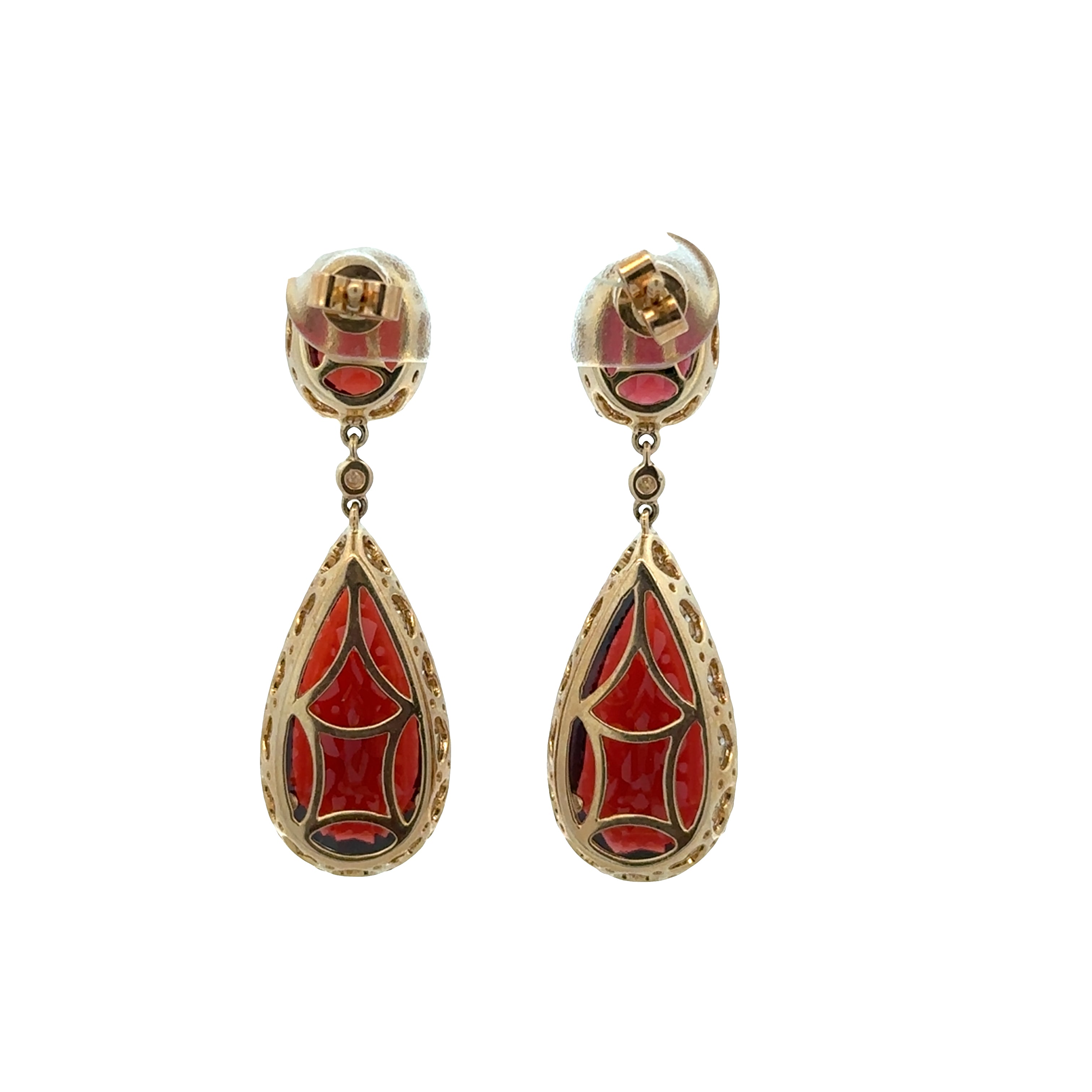 14k Yellow Gold Garnet & Diamond Dangle Earrings – 1 3/8" Tall
