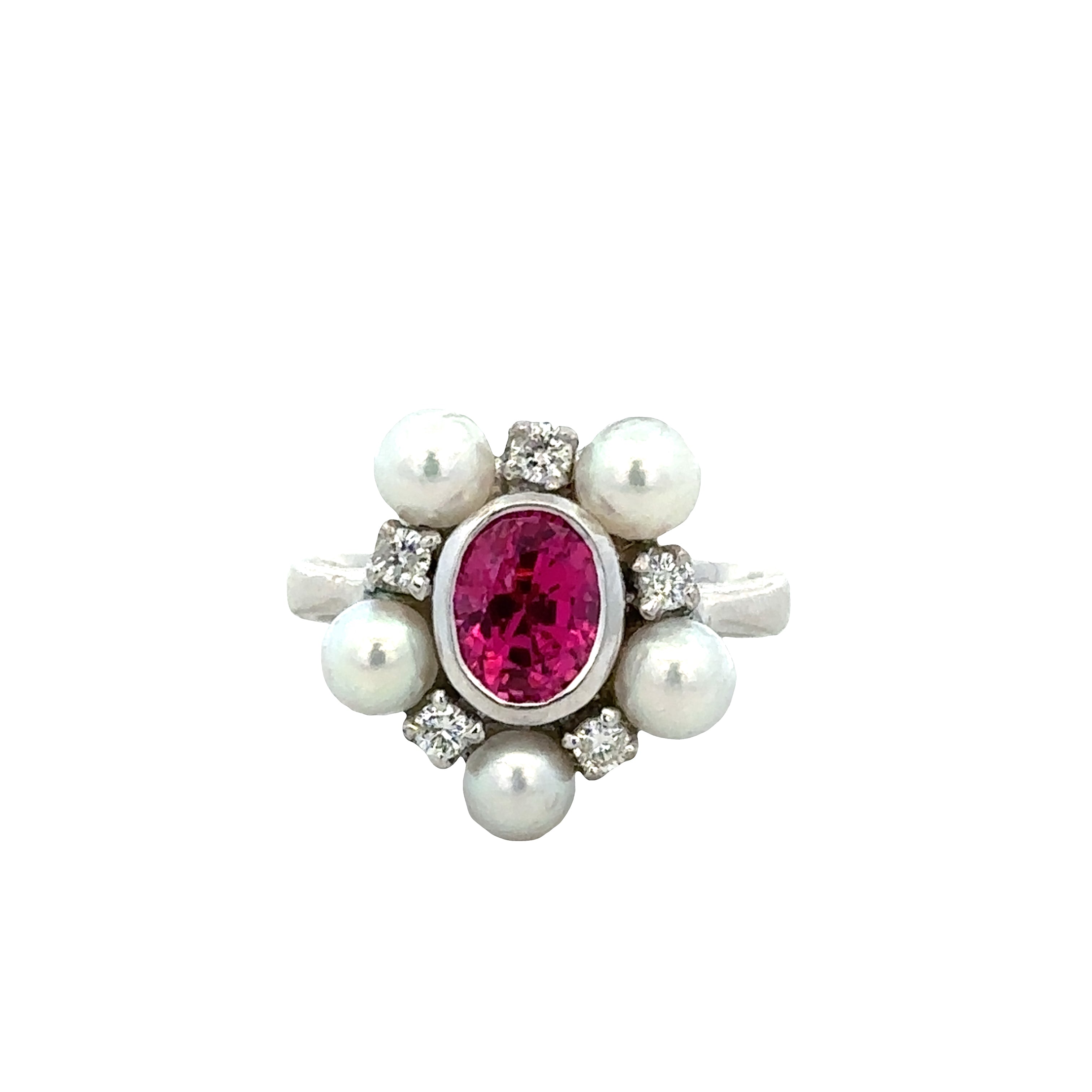 18k White Gold Pink Spinel, Pearl & Diamond Cluster Ring – Size 5.25