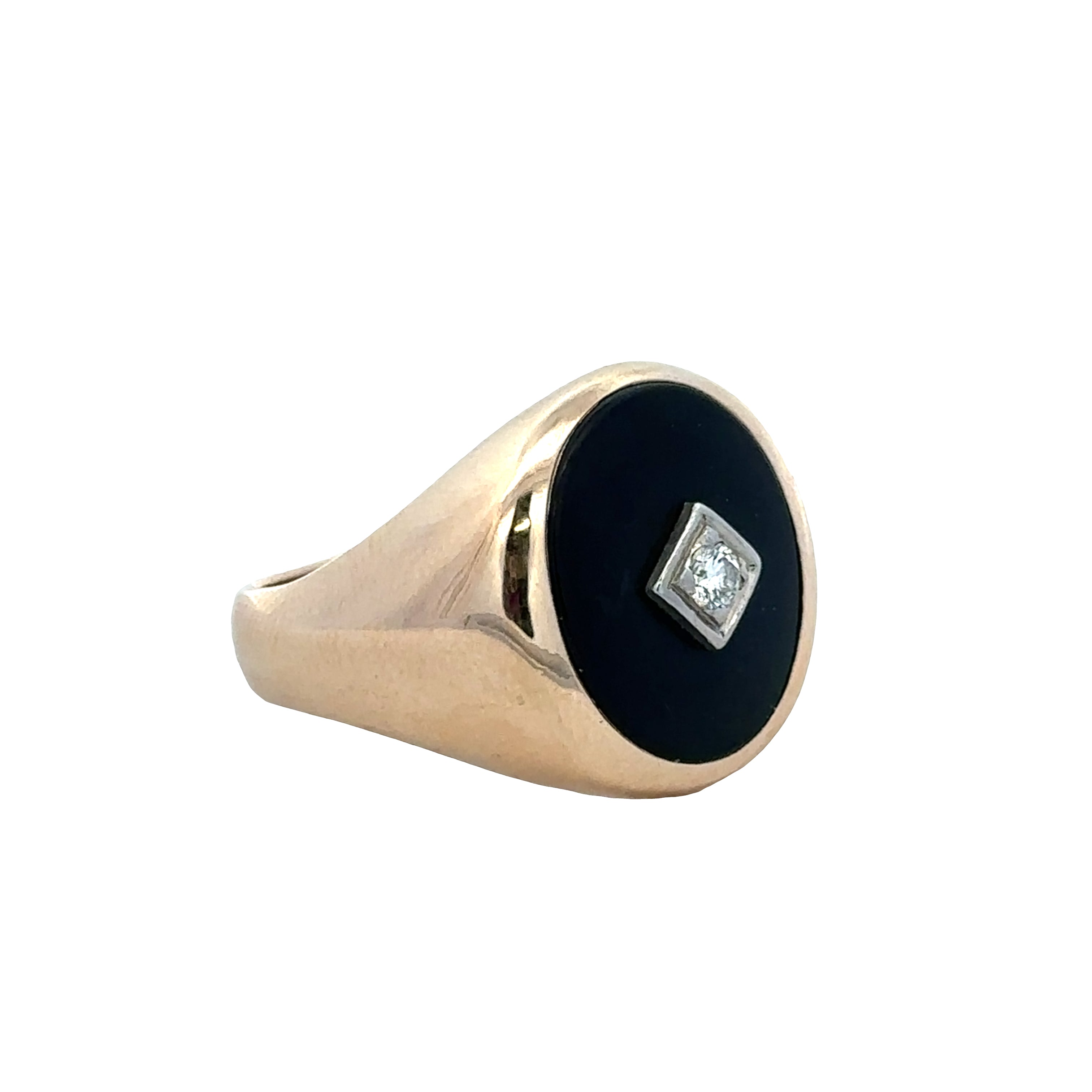 Vintage 14k Yellow Gold Onyx & Diamond Signet Ring – Size 10
